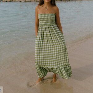 SOLD: Kiele Palaka Strapless Maxi Dress in Green (Sz. Small)